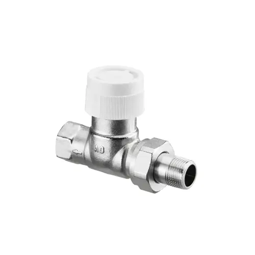 Thermostatventil aus Metall von Oventrop, mit Anschluss für Rohrleitungen, weißer Kappe, zur Regulierung des Durchflusses in Heizungsanwendungen.